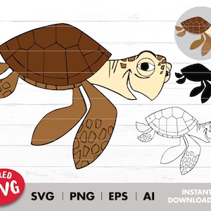 May include: A cartoon sea turtle illustration in shades of brown and cream, with a smiling expression. The image includes a layered SVG logo and file type indicators: SVG, PNG, EPS, and AI. Additional turtle variations are also shown.