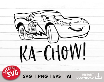 May include: Black and white line art illustration of a cartoon race car with the text "KA-CHOW!" underneath. The car has a number 95 on the side and a lightning bolt graphic.