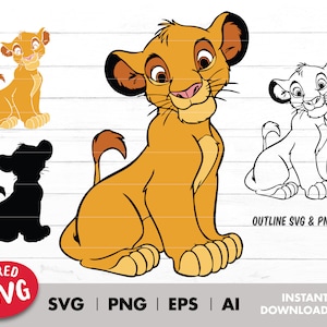 Può includere: Illustrazione digitale di un cucciolo di leone dei cartoni animati in vari stili. L'immagine principale mostra un cucciolo seduto, giallo-arancio con accenti marroni. Le versioni aggiuntive includono una silhouette e un contorno. Il testo include "LAYERED SVG", "SVG | PNG | EPS | AI" e "INSTANT DOWNLOAD".
