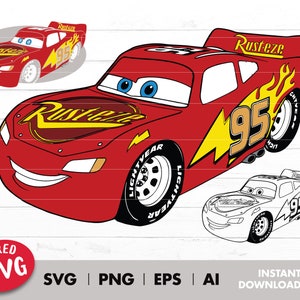 Puede incluir: Coche de carreras rojo de dibujos animados con un rayo amarillo y las palabras "Rust-eze" en el lateral. El coche tiene el número "95" en el lateral y llamas en la parte trasera.