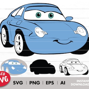 Könnte beinhalten: Ein blaues Cartoon-Auto mit einem lächelnden Gesicht und großen Augen. Das Auto hat einen schwarzen Umriss und ist vor einem weißen Hintergrund platziert.