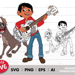 Può includere: Un'illustrazione di un cartone animato di un ragazzo che suona la chitarra con un cane al suo fianco. Il ragazzo indossa una camicia rossa e jeans blu. La chitarra è bianca con dettagli neri e dorati. Il cane è marrone e ha la lingua di fuori. Lo sfondo è un motivo a legno bianco.