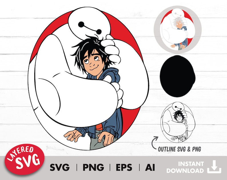 May include: A white robot character with a red face and black eyes is hugging a boy with black hair and a blue shirt. The robot has a large, round body and a small head. The boy is smiling and looking at the viewer. The image is in a cartoon style.