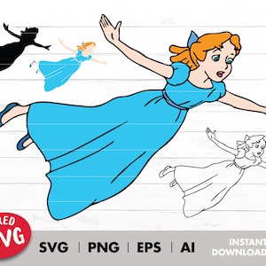May include: A layered SVG cut file of Tinkerbell flying. The image includes a silhouette of Tinkerbell, a coloured illustration of Tinkerbell, and a line drawing of Tinkerbell.