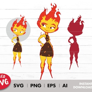 May include: A digital illustration of a fire character with a yellow body, red hair, and a black dress. The character is standing with one hand on her hip and the other holding a small object. The character is in a layered SVG format.