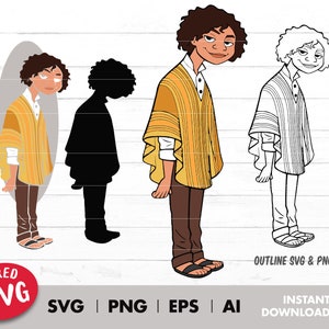 May include: A layered SVG digital download of a cartoon illustration of a person wearing a yellow and brown poncho. The image includes a colored version, a black and white outline, and a silhouette.