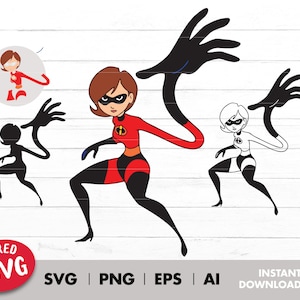 May include: A layered SVG design featuring a superhero woman with red, black, and yellow costume, stretching her arms with a black silhouette of her in the background. The design is available in SVG, PNG, EPS, and AI formats.