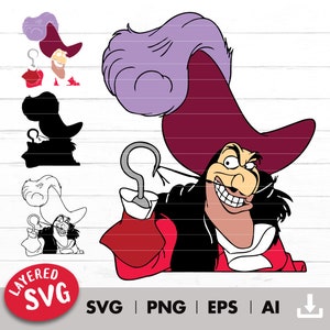 Può includere: Un file di taglio SVG a strati di Capitan Uncino di Peter Pan della Disney. L'immagine mostra Capitan Uncino con il suo caratteristico cappotto rosso, i capelli neri e la mano con un uncino. Il file include una versione silhouette, contorno e colore dell'immagine.