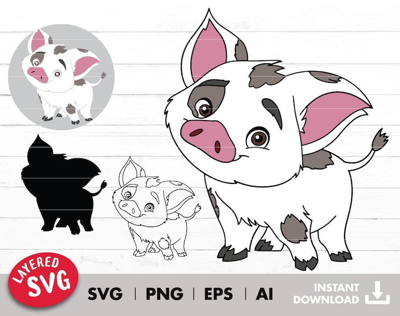 May include: A cartoon illustration of a white pig with brown spots and pink ears. The pig has a brown nose and brown eyes. The pig is looking to the right.