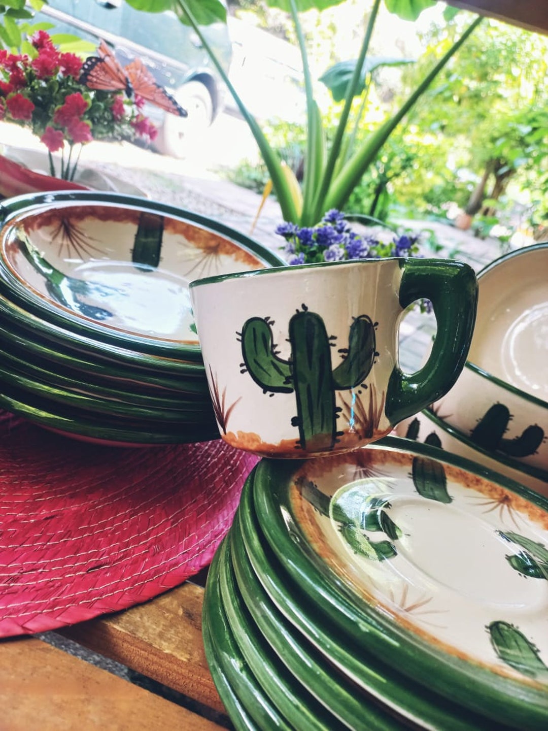 36 Piece Mexican Dinnerware Set With White Cactus Design Etsy
