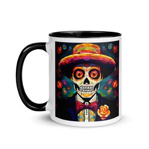Day of the Dead Sugar Skull Mug – Colorful Día de los Muertos Cup – Blue Handle – Calavera Coffee Mug – Mexican Holiday Decor