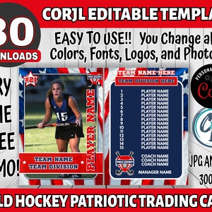 Modelo de cartão de hóquei em campo personalizável - Design de cartão esportivo editável, Cartão de hóquei em campo editável Corjl Cartão colecionável patriótico personalizado de hóquei