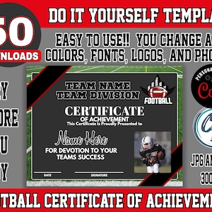 May include: A customizable football certificate of achievement template with a black and red design. The template includes a football player image placeholder, team name, team division, and space for a signature and date. The text "PERSONALIZE WITH Coril" is in a circle with a gear icon.