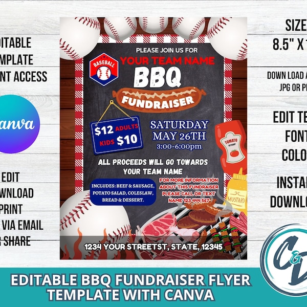 Baseball BBQ Fundraiser Flyer, Editable Baseball BBQ Cook Out Fundraiser, Editable Canva Template School Fundraiser Digital Download