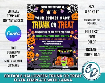 Custom Schul-Halloween-Trunk oder Leckerei Flyer Design - Bearbeitbare Spooktakel-Einladung! DIY Canva Bearbeitbare Halloween Flyer Vorlage.