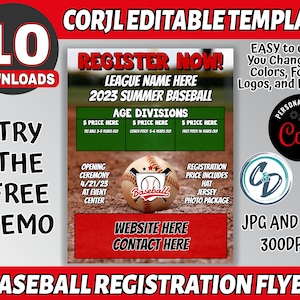 May include: A red and white baseball registration flyer template with a baseball graphic and the text "Register Now!" and "2023 Summer Baseball". The flyer is editable and includes space for league name, age divisions, price, opening ceremony date, website, and contact information. The flyer is available in JPG and PDF formats at 300 DPI.