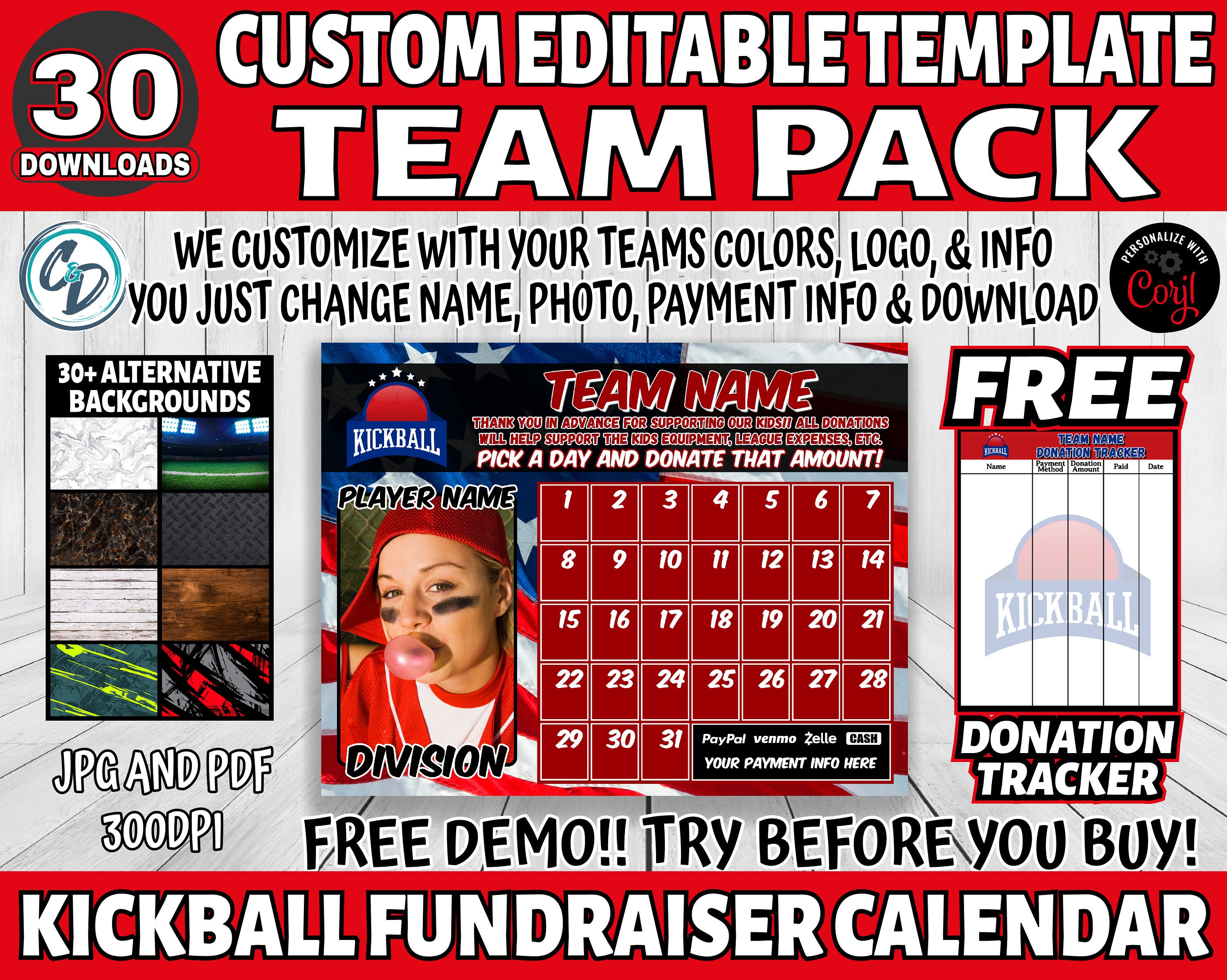 Corjl Editable Kickball Fundraiser Calendar, Kickball Team Pack 30