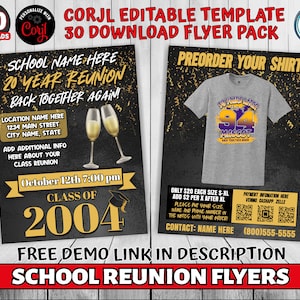 Bearbeitbares SchulWiedersehen-Flyer-Bundle, anpassbare Feier-Flyer-Vorlage, Corjl-Schulwiedersehen-Shirt-Verkaufsflyer, Party-Erinnerungs-Flyer