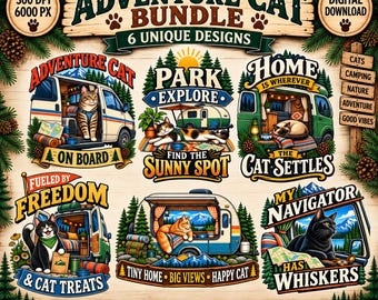 Adventure Cat PNG Bundle, Camping Cat Designs, RV Van Life Cat PNG, Outdoor Cat Lover, National Park Camping Digital Download
