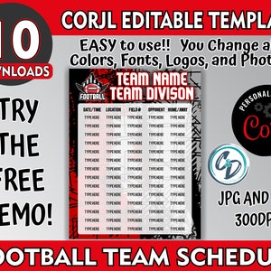 Puede incluir: Una plantilla de calendario de equipo de fútbol imprimible en rojo y negro con el texto "TEAM NAME" y "TEAM DIVISION". La plantilla es editable e incluye campos para la fecha, la hora, la ubicación, el número de campo, el oponente y local/visitante. La plantilla está disponible en formatos JPG y PDF a 300 DPI.