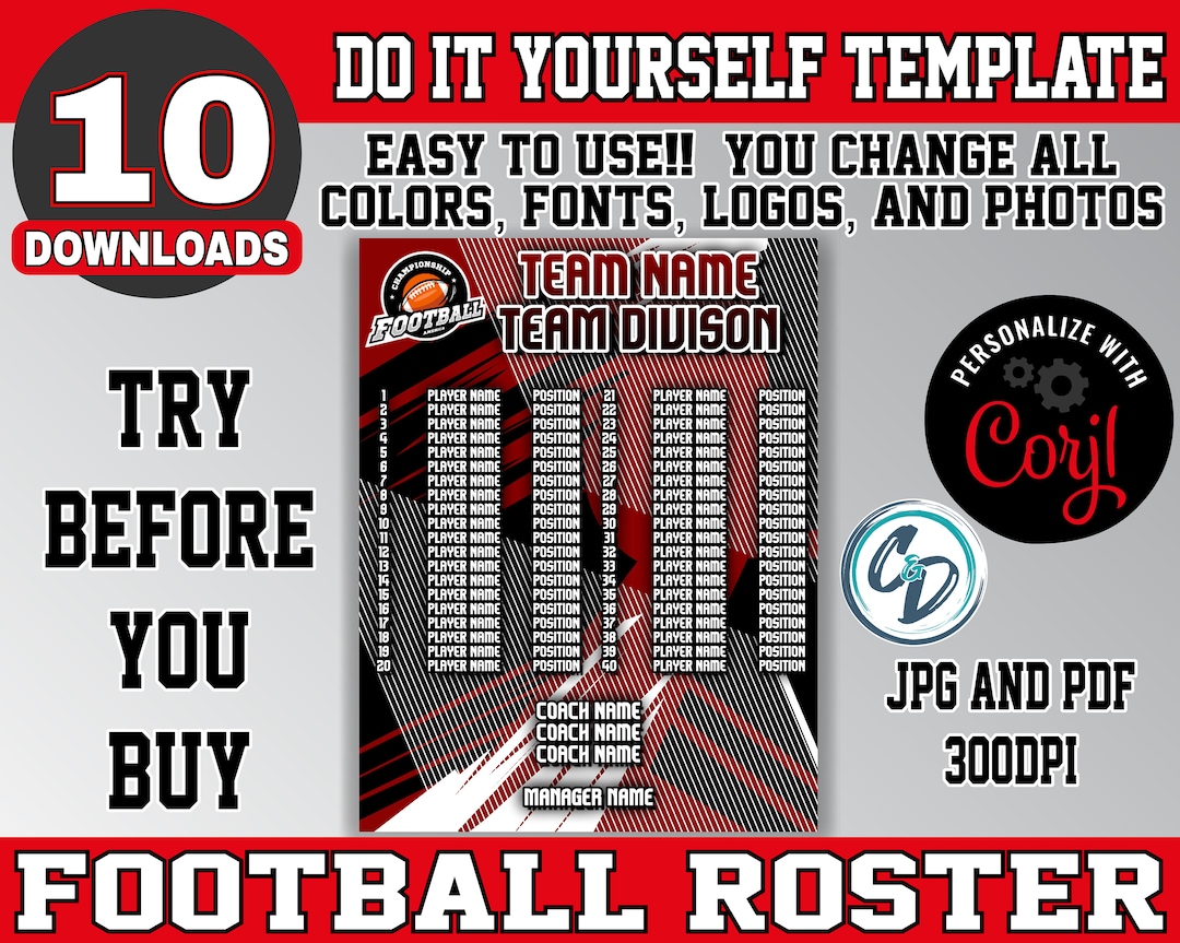 Customizable Football Roster Template, Editable Sports Roster Design ...