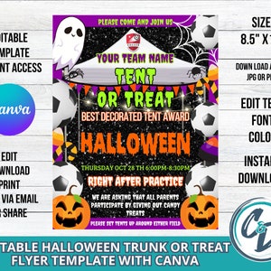 DIY Soccer Halloween Tent or Treat Flyer - Create a Kickin Event! Canva Editable Flyer Template for Frightful Fun and Ghoulish Games.