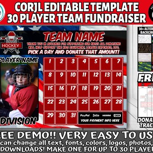 Corjl Editable Hockey Fundraiser Calendar, Hockey Team Pack 30 Download, Hockey 1 to 31 Fundraiser Template, Digital Fundraiser Ideas