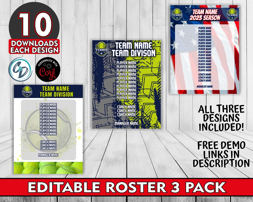 Customizable Tennis Roster Template Pack , 3 Designs Included, Corjl ...