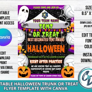 DIY Volleyball Halloween Tent or Treat Flyer - Create a Spooky Event! Canva Editable Flyer Template for Frightful Fun and Ghoulish Games.