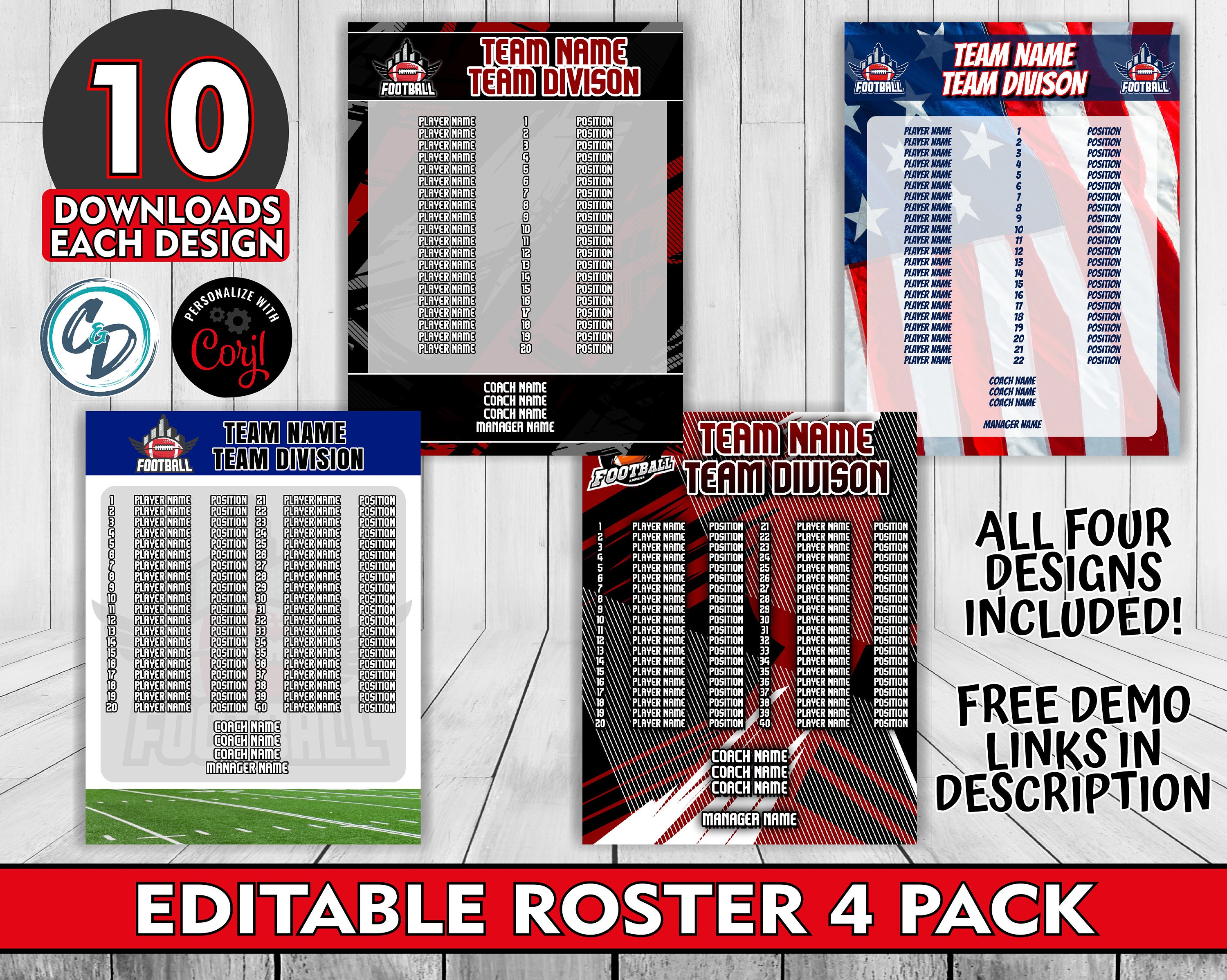 Customizable Football Roster Template Pack ,  4 Designs Included, Corjl Editable Football Roster Maker Templates, Custom Football Multi Pack