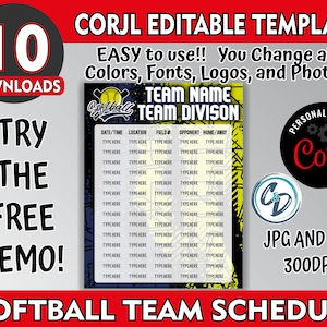 Corjl Editable Softball Schedule Maker Template, Customizable Softball Schedule Template, Editable Sports Schedule Design, Custom Softball