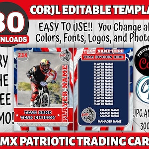 Modelo de cartão de BMX personalizável - design de cartão de esportes editável, modelo de cartão de corrida de bicicleta patriótica editável Corjl, cartão colecionável de BMX personalizado