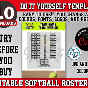 Customizable Softball Roster Template, Editable Sports Roster Design ...
