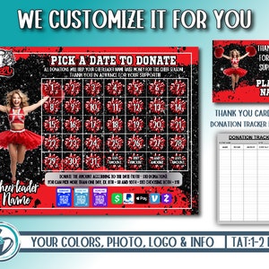Könnte beinhalten: Eine anpassbare Cheerleader-Spendenvorlage mit einem rot-schwarzen Farbschema. Die Vorlage enthält einen Kalender mit den Daten 1-31, ein Cheerleader-Bild und eine Dankeskarte. Der Text "Wähle ein Datum zum Spenden" befindet sich oben auf dem Kalender. Der Text "Dankeskarte und Spenden-Tracker inklusive" befindet sich unter der Dankeskarte.