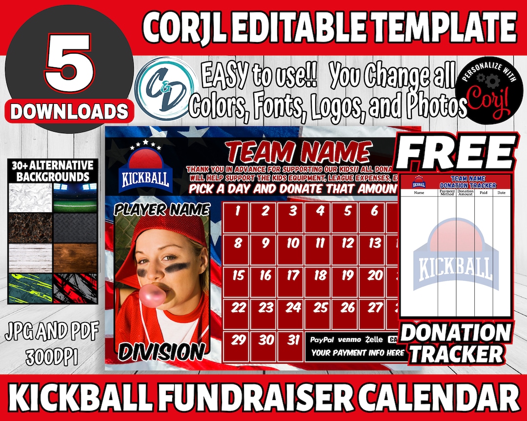 Corjl Editable Kickball Fundraiser Calendar, Kickball 1 to 31