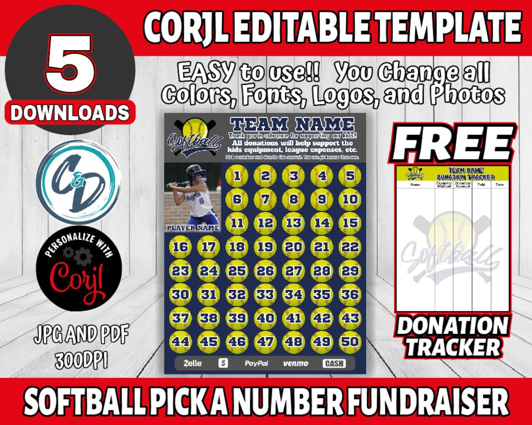 Corjl Editable Softball Pick a Number Fundraiser, Softball 1-50 ...