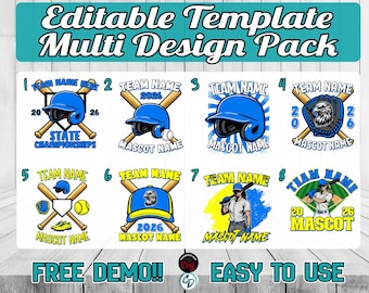 Softball Shirt Design Bundle Editable in CORJL | 8 Custom Team Templates for T-Shirts, Hats, Bags & Apparel | State National Playoffs Champs