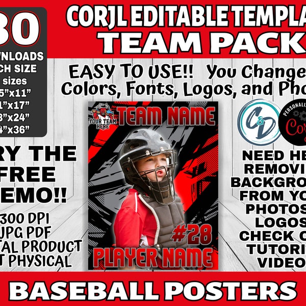 Corjl Editable Baseball Team Poster Pack, Baseball Posters 4 Sizes 30 Downloads, Custom Baseball Poster Template, Easy Editable Poster