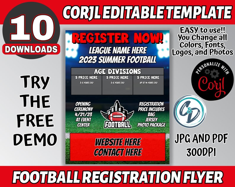 Register Form Flyer Customizable Football Registration Pack, Editable Sports Registration ...