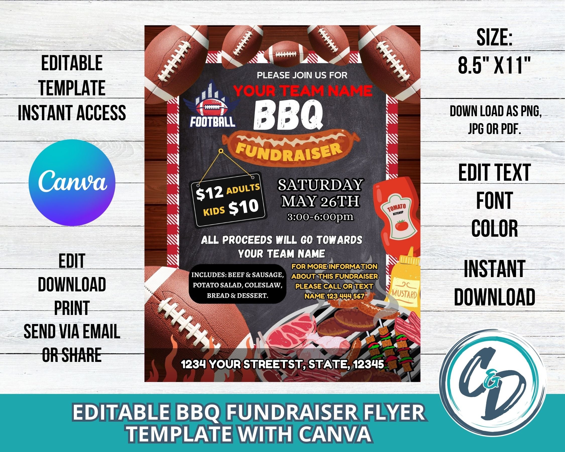 Football BBQ Fundraiser Flyer, Editable Football BBQ Cook Out Fundraiser, Editable Canva Template School Fundraiser Digital Download