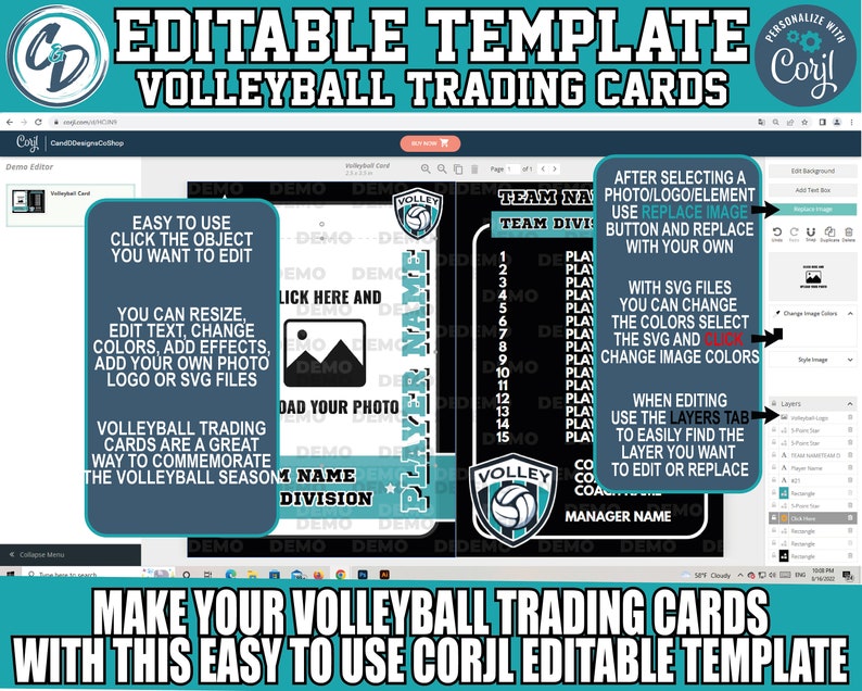 Customizable Volleyball Card Template Editable Sports Card Etsy