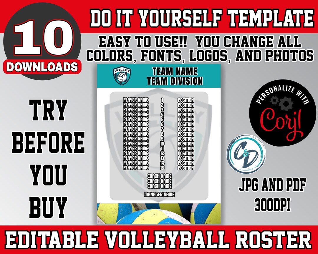Customizable Volleyball Roster Template, Editable Sports Roster Design
