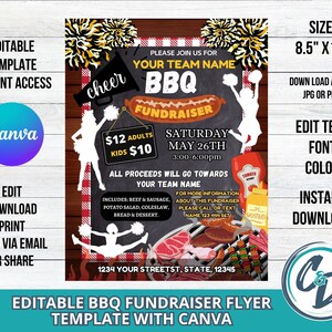 Cheerleader BBQ Fundraiser Flyer, Editable Cheer BBQ Cook Out Fundraiser, Editable Canva Template School Fundraiser Digital Download Gold