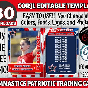 Modelo de cartão de ginástica personalizável - Design de cartão de esportes editável, Cartão de ginástica editável Corjl Cartão colecionável de ginástica personalizado patriótico