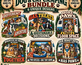 Dog & Cat Camping PNG Bundle, Camping Pets Designs, RV Camper Dog Cat PNG, Van Life Pet Lover, Outdoor Adventure Digital Download