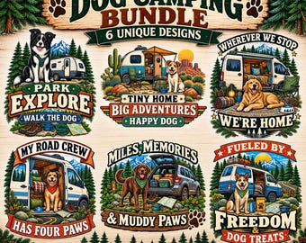 Dog Camping PNG Bundle, Camping Dog Designs, RV Camper Dog PNG, Van Life Dog Lover, Outdoor Adventure Digital Download