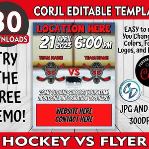 Puede incluir: Plantilla de folleto de partido de hockey editable en rojo y negro con el texto "LOCATION HERE", "TEAM NAME", "VS", "COME OUT AND SUPPORT YOUR TEAM", "ADDITIONAL INFORMATION TYPE HERE", "WEBSITE HERE", "CONTACT HERE", "HOCKEY VS FLYER", "EASY to use!! You Change all Colors, Fonts, Logos, and Photos", "PERSONALIZE WITH Coryl", "JPG AND PDF 300DPI", and "21 APRIL 2023 6:00 PM".