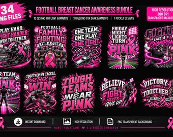 Breast Cancer Awareness Football PNG Bundle, Pink Football Shirt Designs, PNG Files, DTF Digital Download