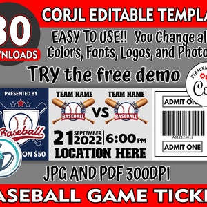 Customizable Baseball Game Ticket Maker Template, Editable Sports Match Ticket, Corjl Editable Baseball Game Ticket, Sports Ticket Template