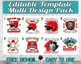 Baseball Shirt Design Bundle Editable in CORJL | 8 Custom Team Templates for T-Shirts, Hats, Bags & Apparel | State National Playoffs Champs